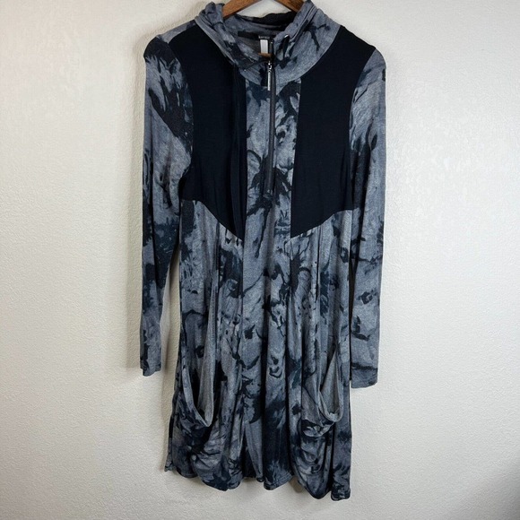 Kensie Womens Long Sleeve Zip Up Dress Medium Drape‎ Boho Tie Dye Gray Lagenlook - Picture 1 of 15